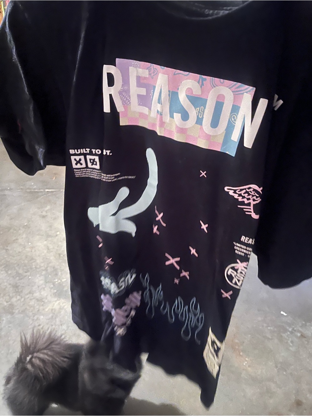 REASON Graphic Black Tee with Pastel Print